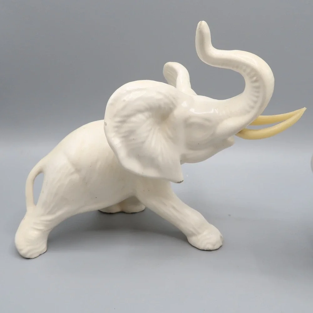 2 White Ceramic Elephant Figurine Trunk Up‎ Tusks 6in & 4in Lot of 2 set